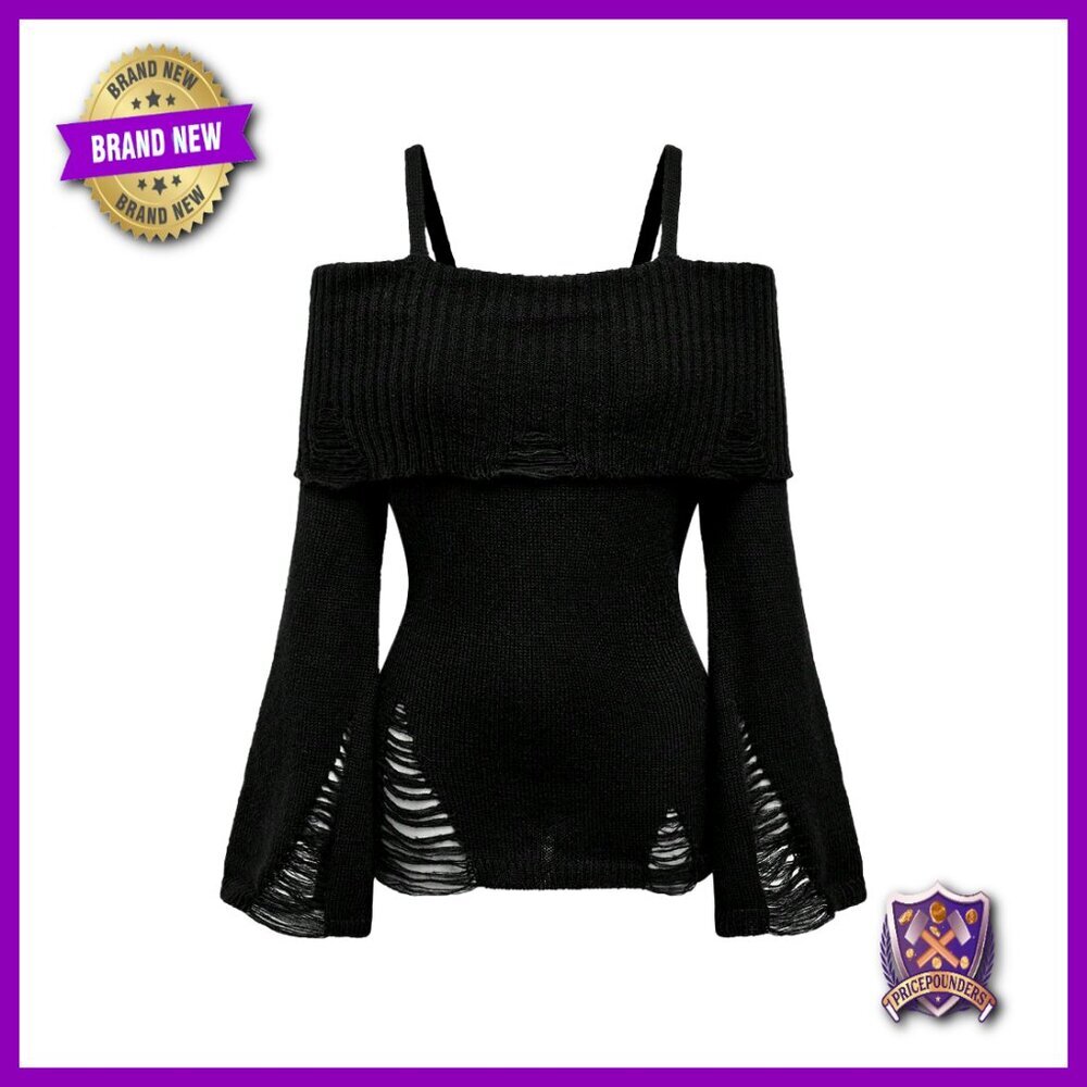 Cold Shoulder Ripped Sweater Long Sleeve Fitted Pullover Goth Punk Style